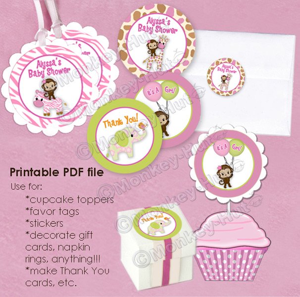 Girl Monkey Jungle Jill Baby Shower Tags - (favor, cupcake topper) circle shapes
