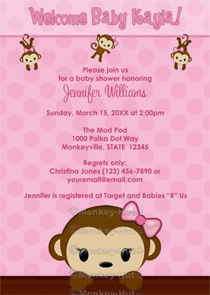 MONKEY Baby Shower invitation Polka Dot PINK GIRL MPP3 PAB02 (DIGITAL)