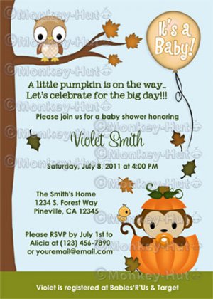 MONKEY Baby Shower Invitation Fall Pumpkin NEUTRAL (DIGITAL)