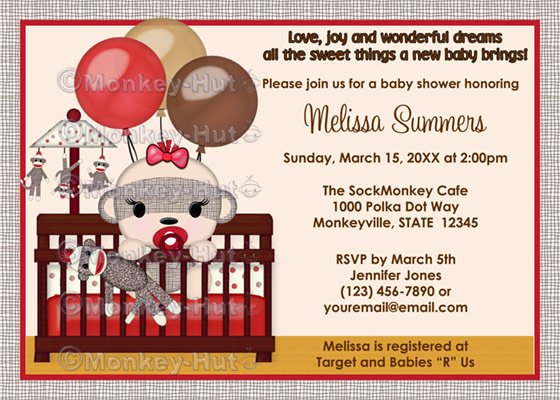 Baby Shower invitation GIRL Sock MONKEY Crib SMC-G (DIGITAL)