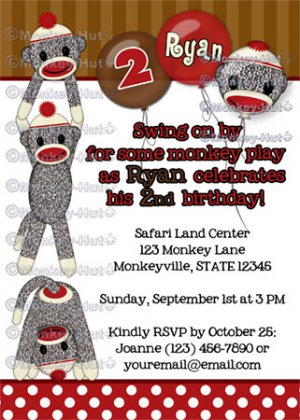 Silly SOCK MONKEY Birthday Invitation SMR girl/boy (DIGITAL)