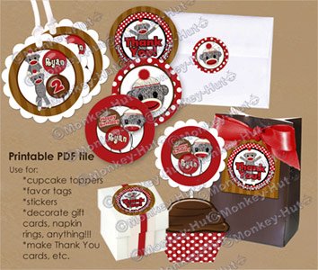 Silly SOCK MONKEY Birthday Tags SMR (favor, cupcake topper) circle shapes PDF file
