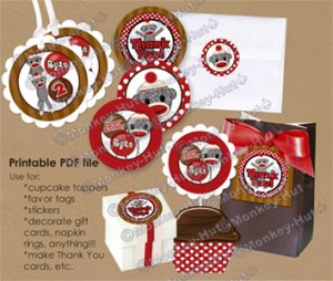 Silly SOCK MONKEY Birthday Tags SMR (favor, cupcake topper) circle shapes PDF file