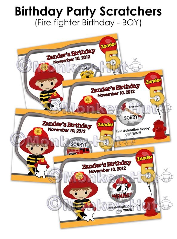 FIREFIGHTER Fire Truck Dalmatian Birthday Scratch Off Card Ticket Game Favor - 20 personalized cards