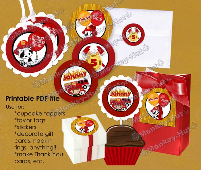 FIREFIGHTER Fire Truck Dalmation Birthday Tags (favor, cupcake topper) PDF file