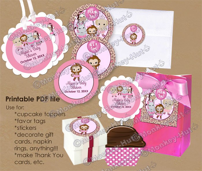 Girl Monkey Baby Shower Tu Tu Cute Ballerina Tags (favor, cupcake topper) circle shapes DIGITAL