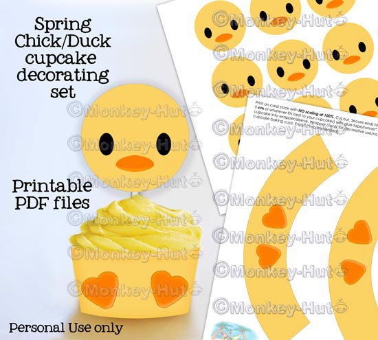 Adorable Yellow Spring Chick/Duck cupcake decorating set topper wrappers favor PDF file
