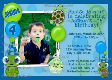 Turtle Birthday Invitation boy girl green blue turtle balloon (DIGITAL)