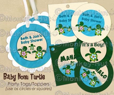 Honu Turtle Personalized Baby Shower Tags (favor, cupcake topper) circle shape (Baby Honu)