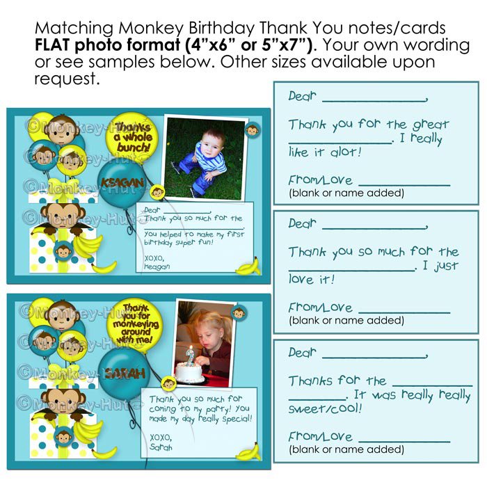 Birthday Monkey Thank You card cards notes personalized photo FLAT (digital)