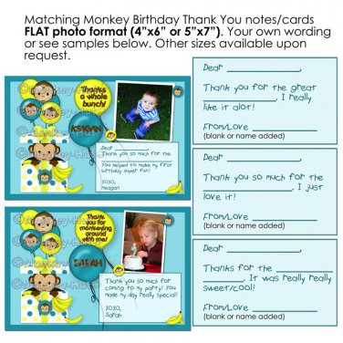 Birthday Monkey Thank You card cards notes personalized photo FLAT (digital)