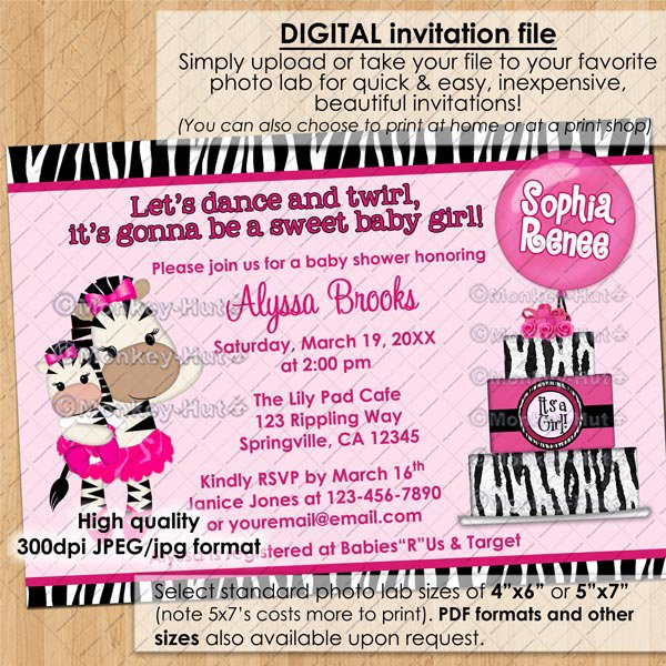 TuTu Cute Baby Shower invitations ZEBRA GIRL / hot pink / DIGITAL INVITATION