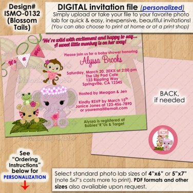 Jungle Animals Blossom Tails Baby Shower Invitations monkey elephant PERSONALIZED DIGITAL INVITATION