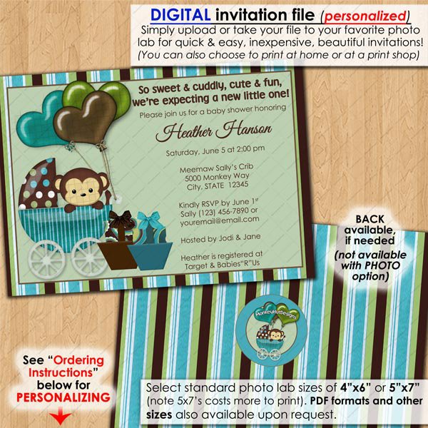 Monkey Baby Shower Invitation carriage MPP teal green brown (Personalized DIGITAL invitations)