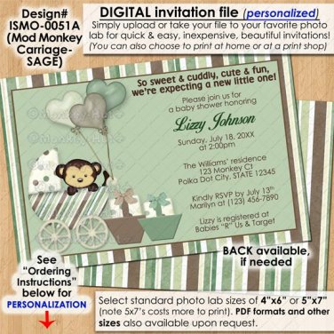 Mod Monkey Baby Shower invitations SAGE green monkeys Pod Pop Personalized DIGITAL INVITATION #051