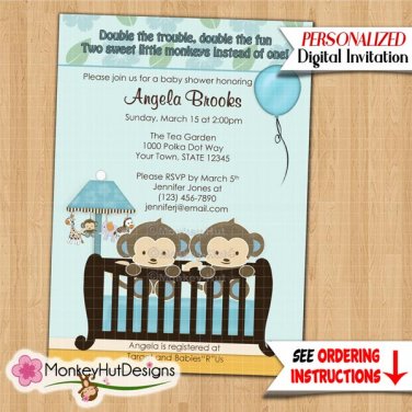 TWINS Monkey Baby Shower invitation crib Blue CJ-B (DIGITAL)