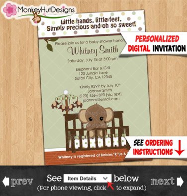 Mod Green & Brown ELEPHANT Baby Shower Invitations Personalized DIGITAL INVITATION 022