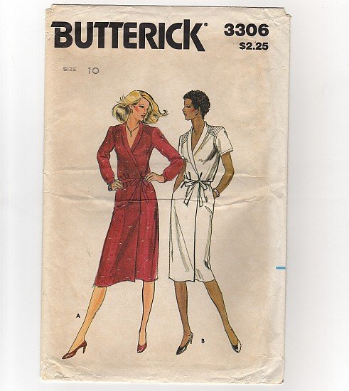 Butterick 3306 Sewing Pattern Misses Wrap Dress 1970s 2 sleeve lengths UC/FF Bust 32.5