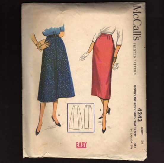 McCall's 4243 Sewing Pattern Vintage 1950s Skirts Wiggle with pleat and 4 panel A-line Waist 26