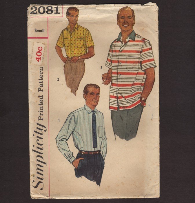 Simplicity 2081 Sewing Pattern Men's Shirts two sleeve length casual or dress Chest 34 36 1950s