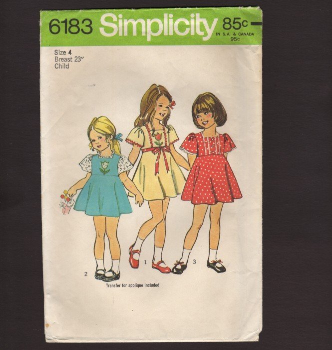 Simplicity 6183 Girls Flared Dress short sleeves Sewing Pattern Size 4 rick-rack ribbon lace 1970s