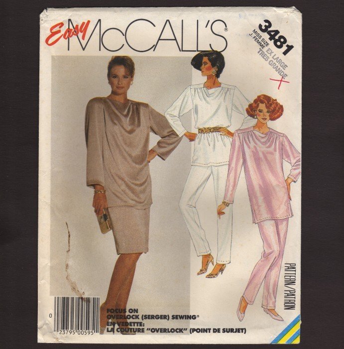 McCall's 3481 Misses Tunic, Skirt and Pants Easy Sewing Pattern Size XL Bust 44 46 1980s