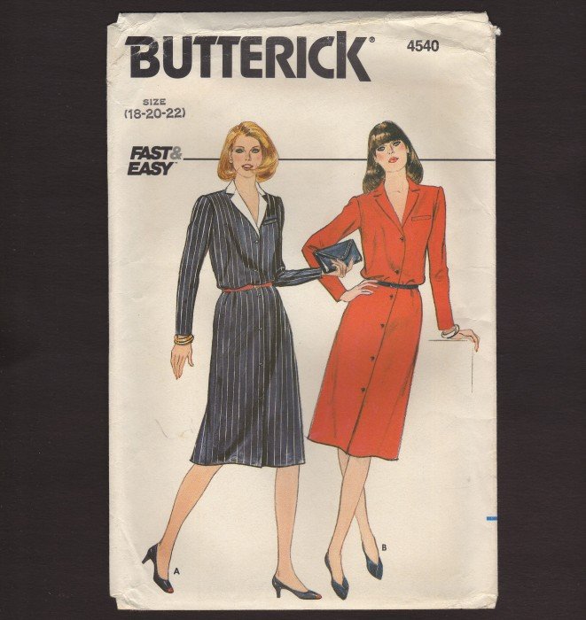 Butterick 4540 UNCUT Misses Button Front Dress Fast and Easy 18-20-22 Bust 40 42 44 1980s