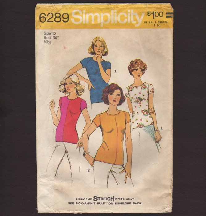 Misses Stretch Knit Pullover Tops Simplicity 6289 Sewing Pattern Blouse Bust 34 1970s