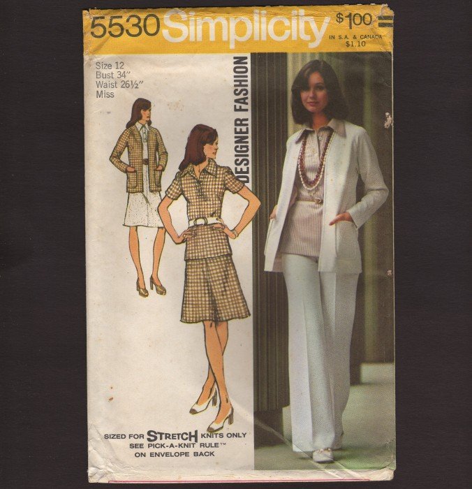 1970s Designer Fashion Skirt Top Pants Cardigan Simplicity 5530 Misses 12 Sewing Pattern Bust 34