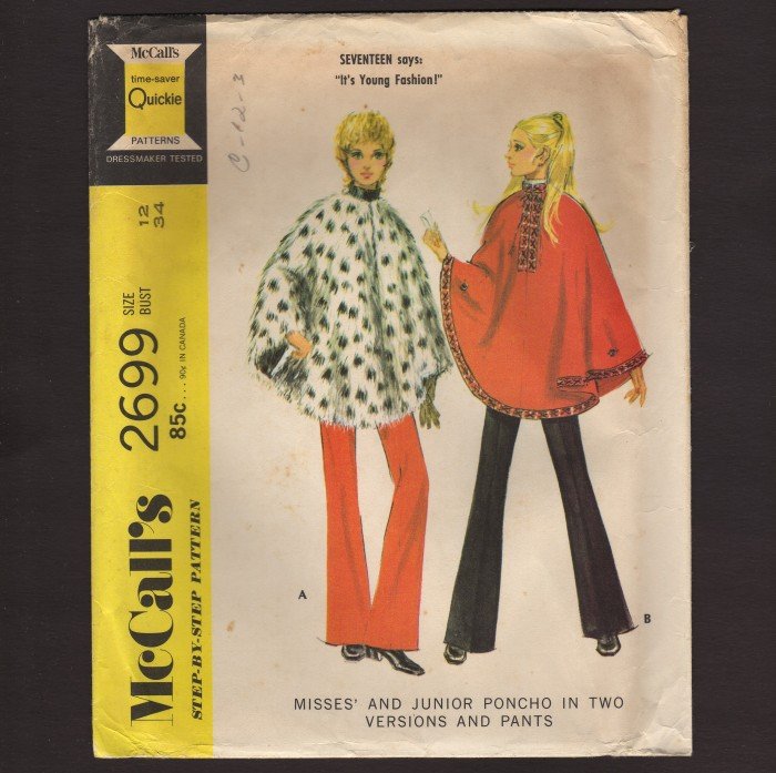 Vintage Poncho and Flared Pull-on Pants Misses Size 12 McCall's 2699 Bust 34 1970s