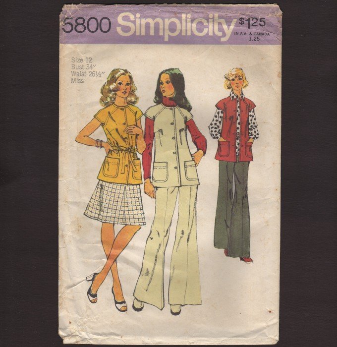 Vintage Misses Vest, Skirt & Pants Simplicity 5800 Sewing Pattern Size 12 Bust 34 1970s