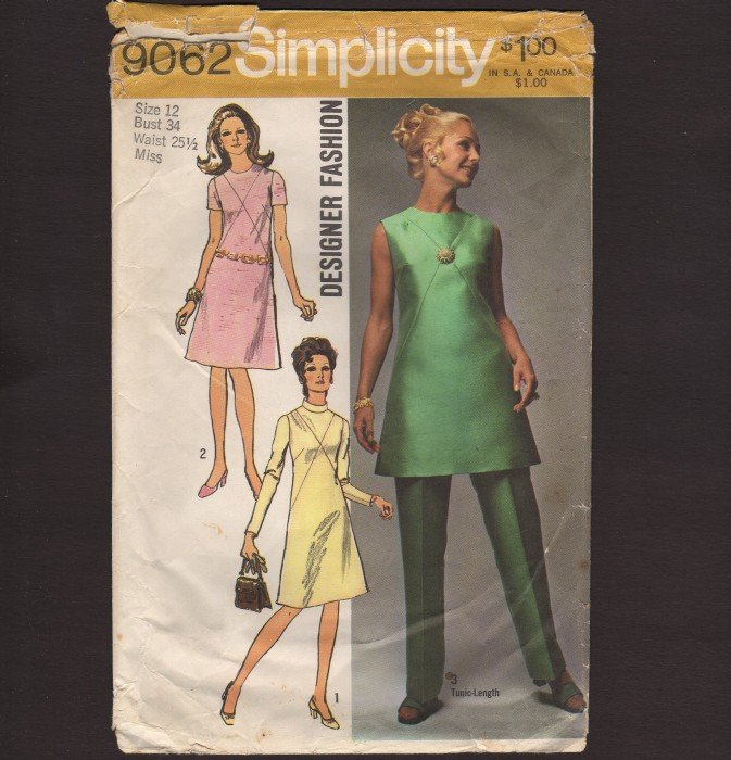 Vintage Misses Dress or Tunic and Pants Simplicity 9062 Sewing Pattern Sz 12 Bust 34 1970s