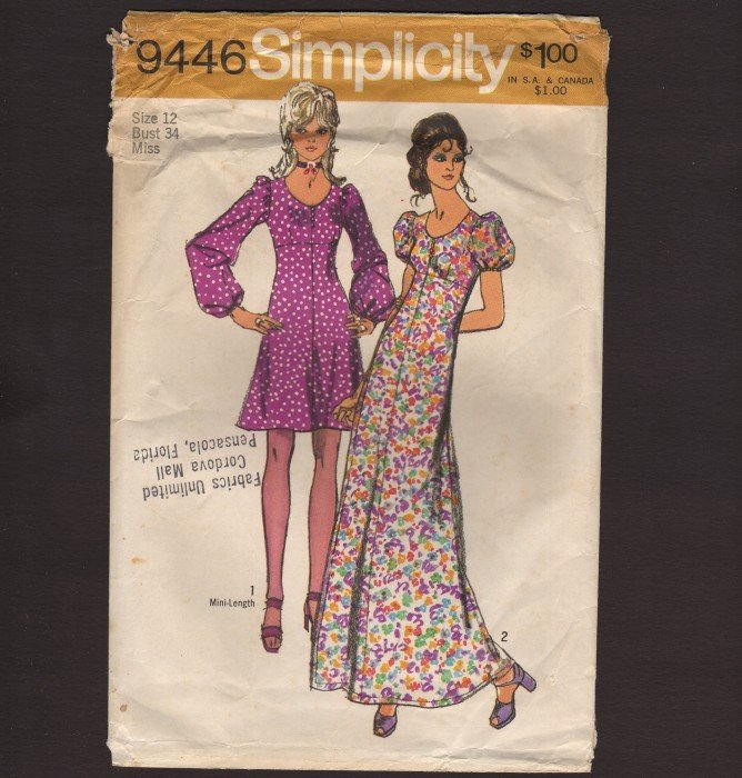 Vintage Misses Mini - Maxi Dress 2 style sleeves Simplicity 9446 Sewing Pattern Sz. 12 Bust 34 1970s