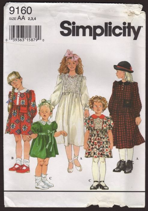 Simplicity 9160 Child's Dress with two sleeve lengths raised waist collar Size Child 2, 3, 4  1990s