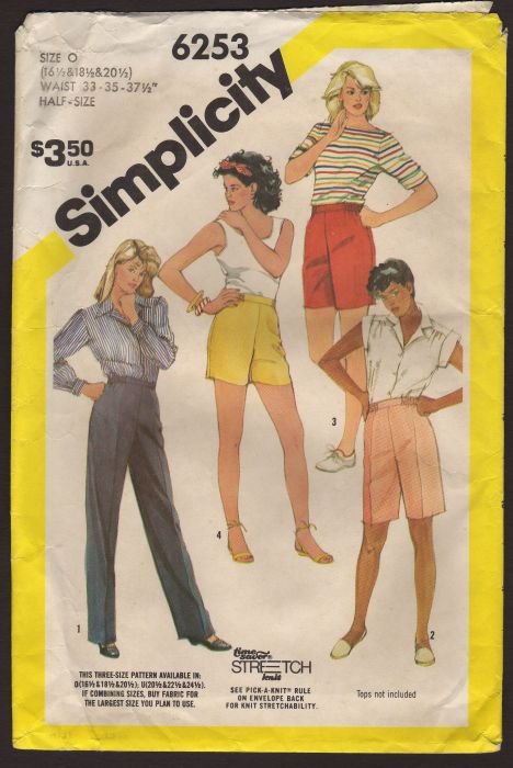 Simplicity 6253 Half Size Pull On Pants and Shorts Sewing Pattern Size 16.5 - 20.5  1980s