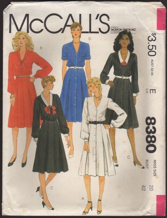 McCall's 8380 Misses' Button Front Dress Sewing Pattern pleat skirt Size 20 Bust 42 1980s