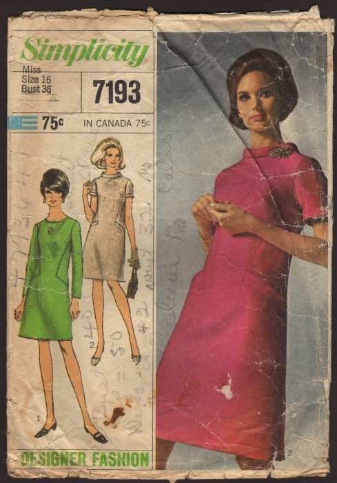 Vintage A-line Dress Simplicity 7193 Sewing Pattern Misses 16 Bust 36 1960s