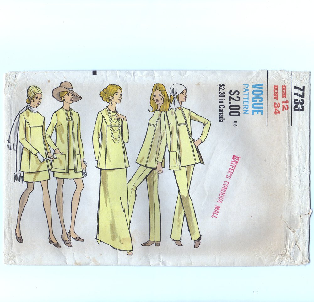 Vintage 1970s Misses Tunic, Jacket, Skirt, Pants Vogue 7733 Sewing Pattern Size 12 Bust 34 uncut