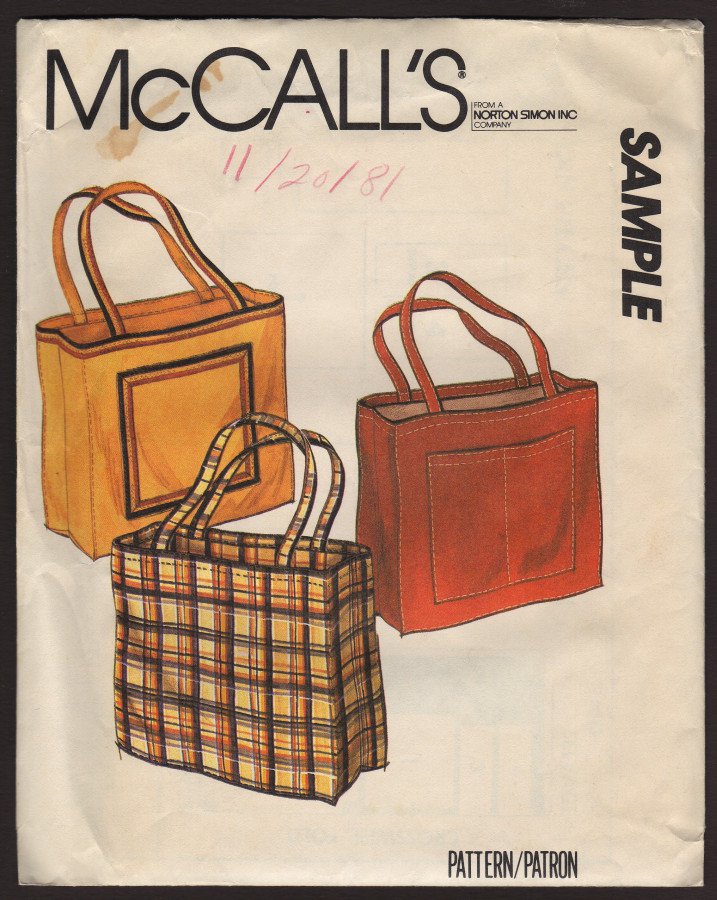McCall's UNCUT Sewing Pattern Tote Bag with two handles large external pocket Vintage 1980