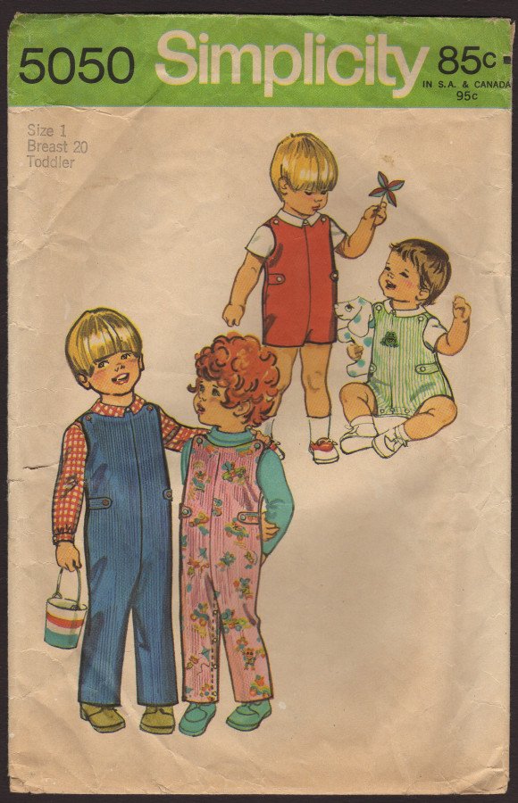 Toddler Jumpsuit in 2 lengths and Shirt Simplicity 5050 Sewing Pattern Vintage 1970s Size 1 Chest 20