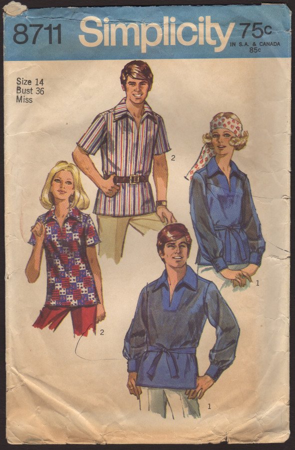 Misses Shirt Vintage 1970 Simplicity 8711 Sewing Pattern V-neck Top-stitching Size 14 Bust 36