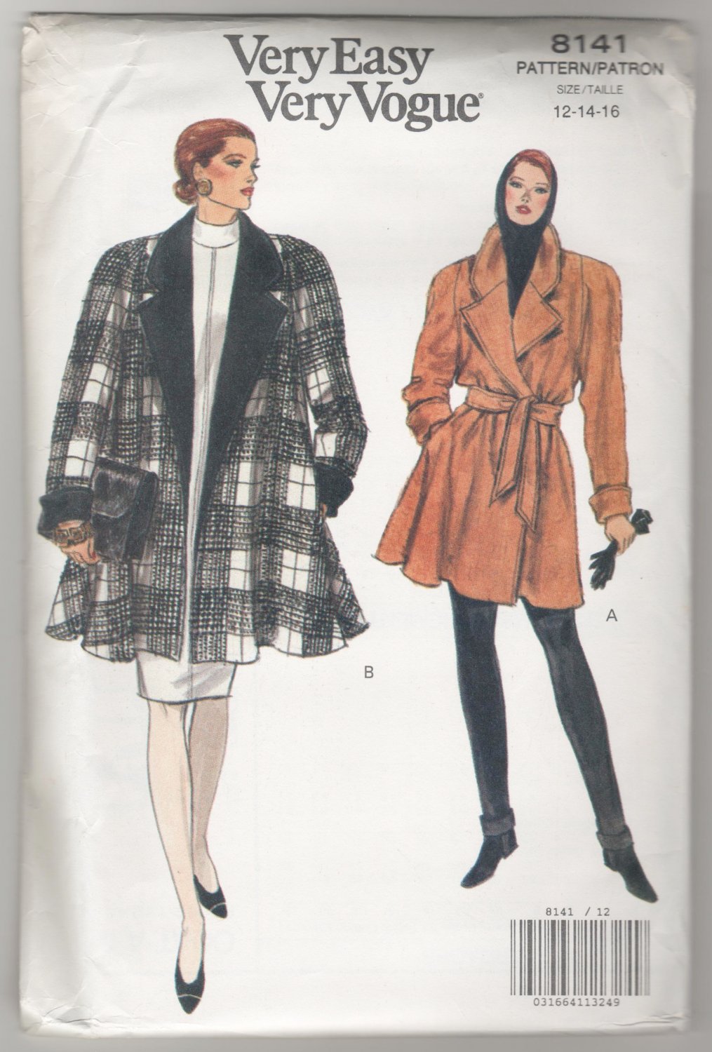 Very Easy Very Vogue 8141 Sewing Pattern Misses Coat Loose Fitting Size 12 14 16 Uncut Bust 34 36 38