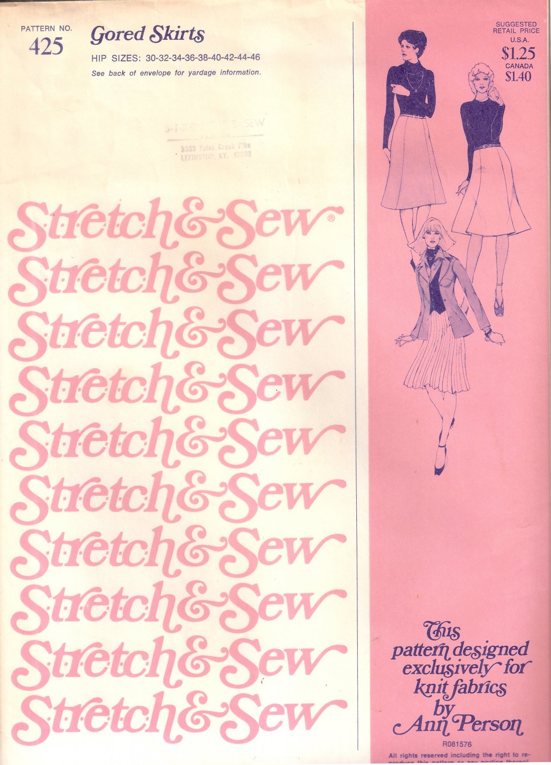 Stretch & Sew 425 Gored Skirts Sewing Pattern 3 styles Sizes Hips 30 - 46 Ann Person stretch fabric