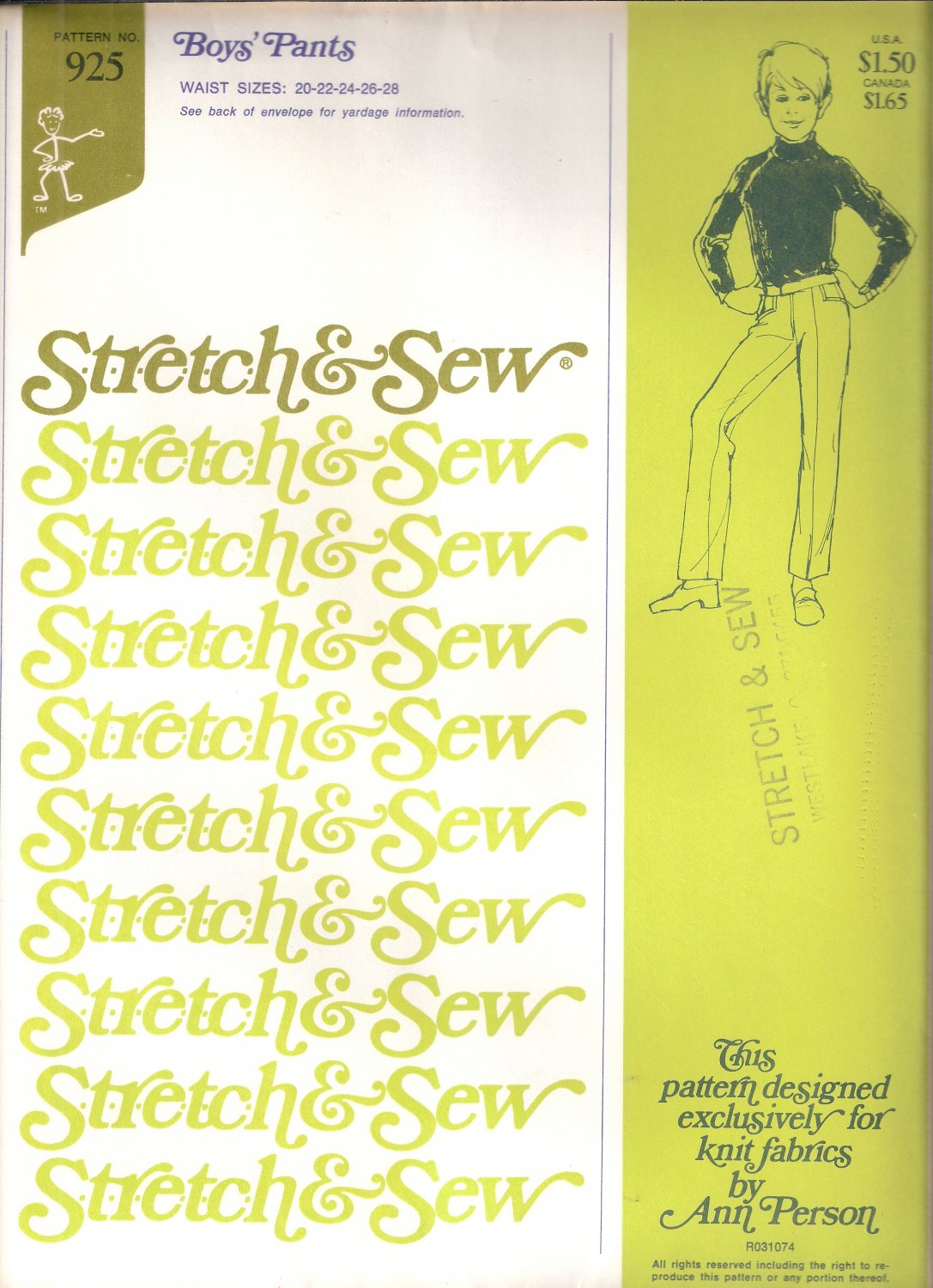 Stretch & Sew 925 Boys' Pants Sewing Pattern Sizes Waist 20 - 28 Ann Person stretch knit fabric