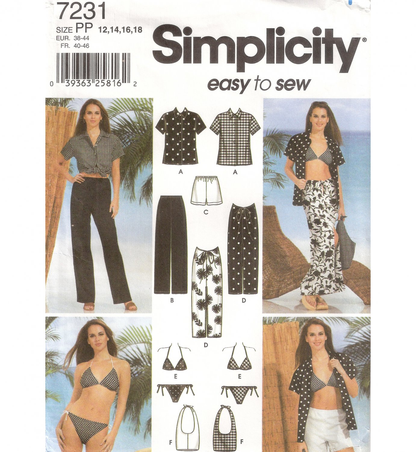 Simplicity 7231 Misses 12 - 18 Shirt Pants Shorts Sarong Skirt Swim Suit & Bag Sewing Pattern UNCUT