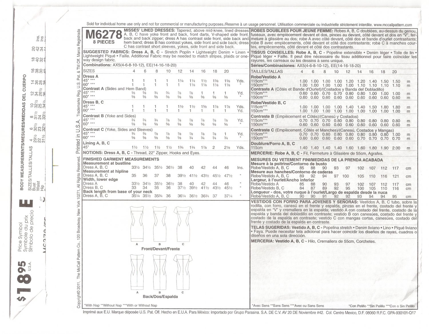 McCall's M6278 Uncut Misses Tapered Dress Sewing Pattern Size 14 – 20 6278