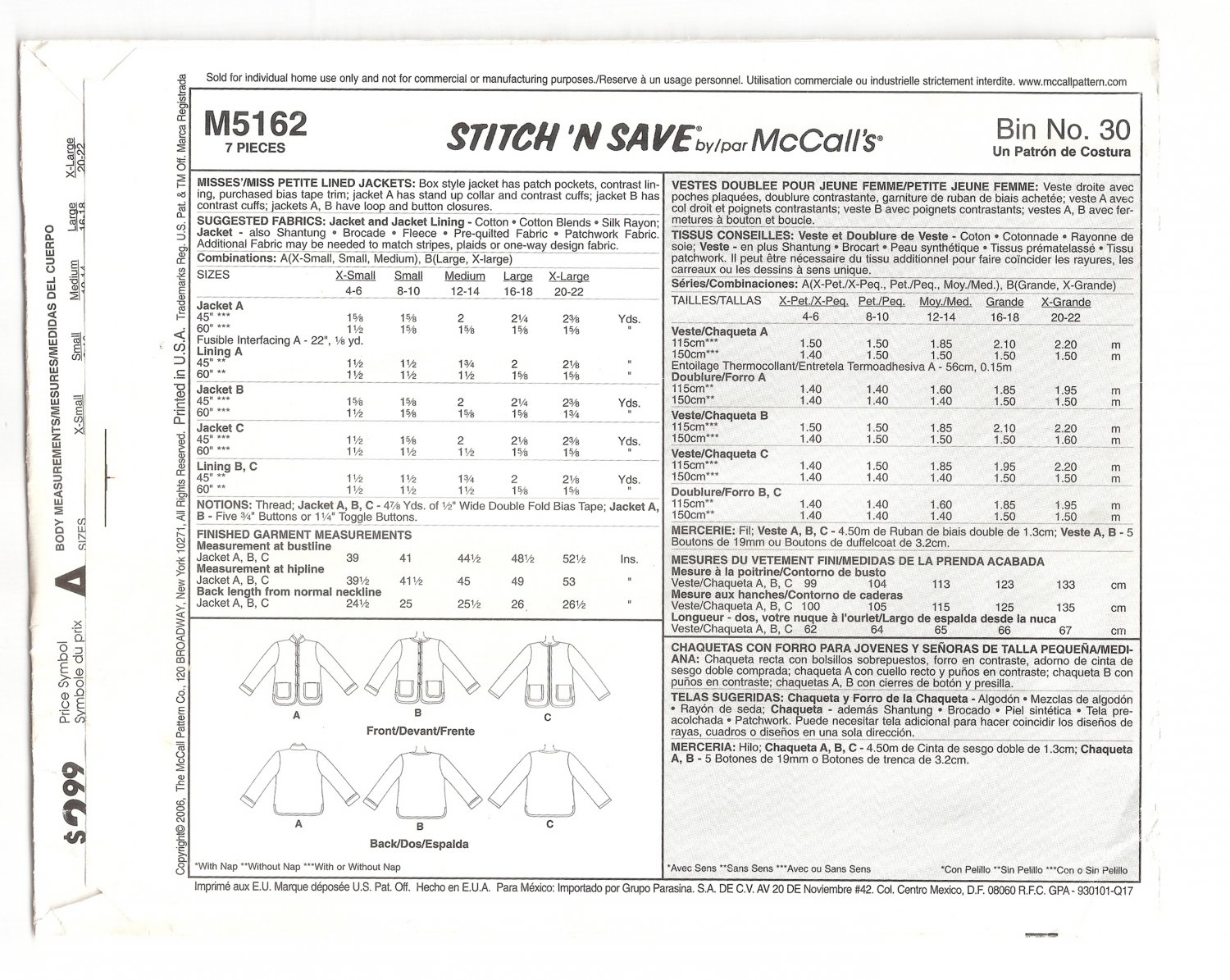 ~McCall's M5162 Lined Box Style Jacket Uncut Sewing Pattern Size Large ...