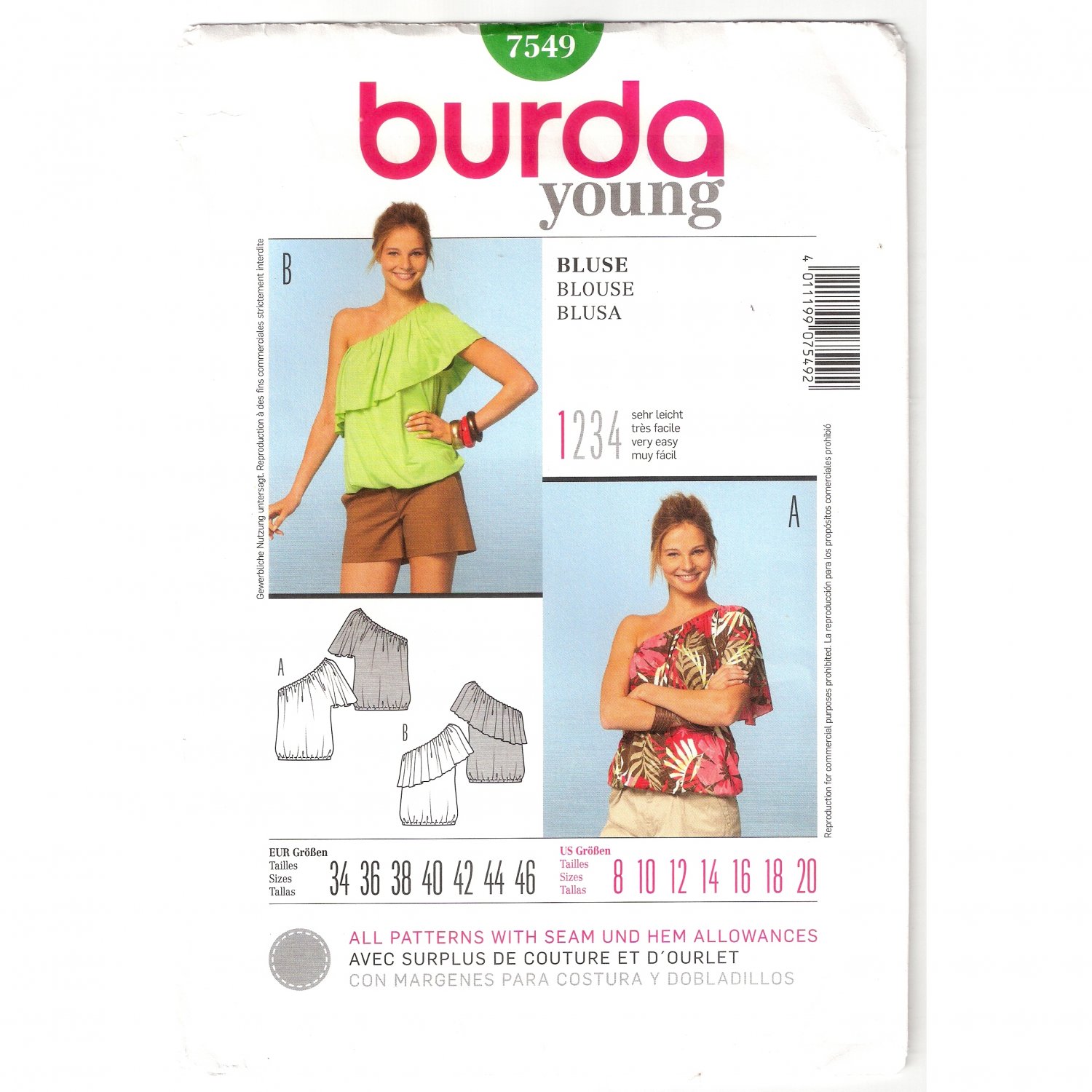 ~Burda Young 7549 Misses Off Shoulder Top Sewing Pattern Uncut Size 8-20