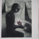 Man with Lotus by Yashpal Chandrakar-Signed limited edition Etching Indian Contemporary art