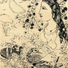 Lady with birds by Manoj Dutta- Signed limited edition Serigraph Indian Contemporary art